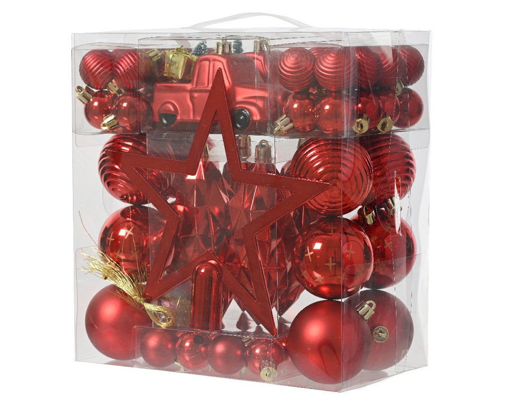 Luxury Mixed Box of Shatterproof Tree Decorations - Red
