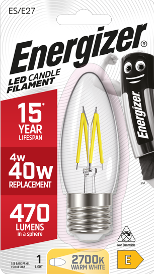 ENERGIZER 4W (39W) E27 CLEAR LED CANDLE 470LM